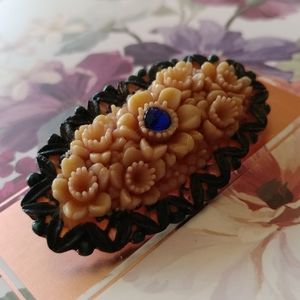 Vintage Brooch with Tan and Blue Floral Design